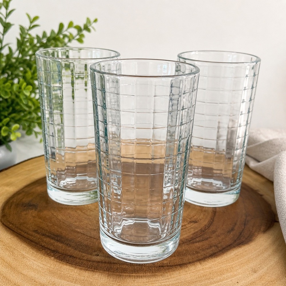 Vintage Pasabahce Turkey Grid Pattern Highball Glasses Set of 3 MCM Barware‎